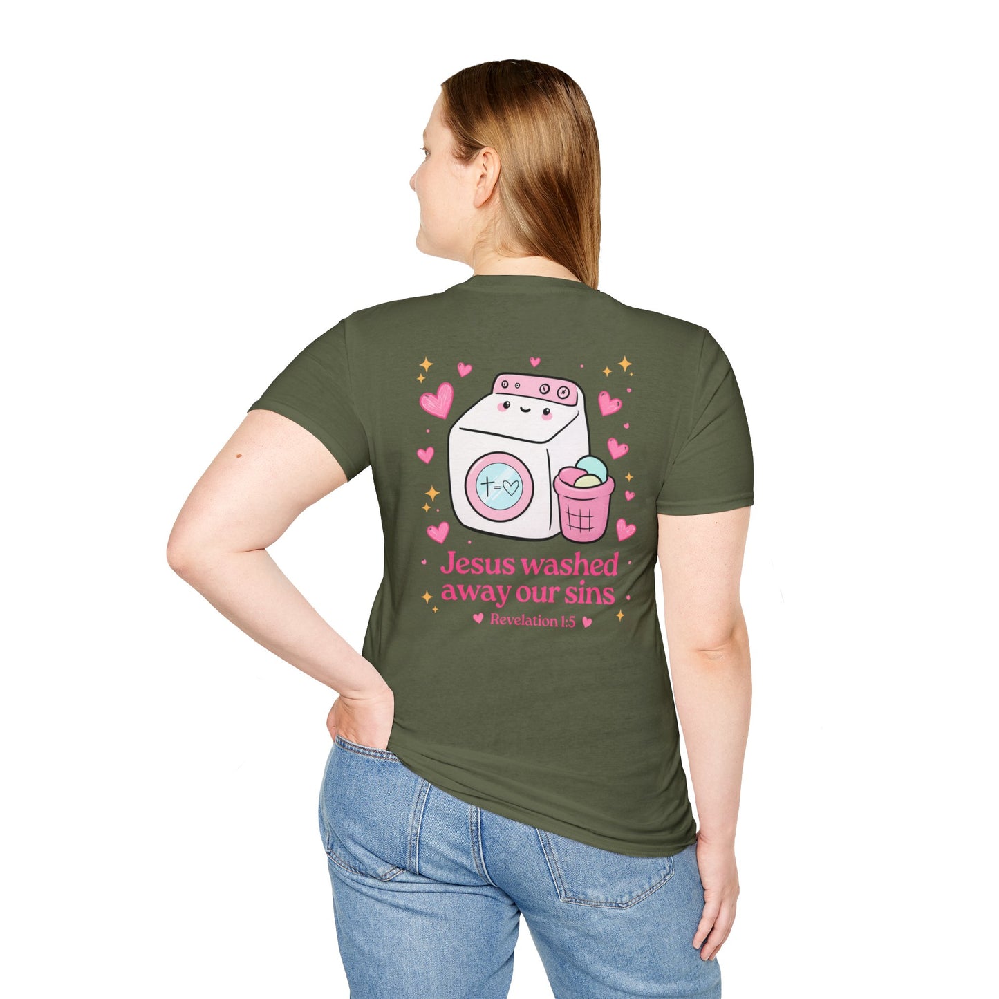 Christian T-Shirt – “Jesus Washed Away Our Sins” Cute Washing Machine Design