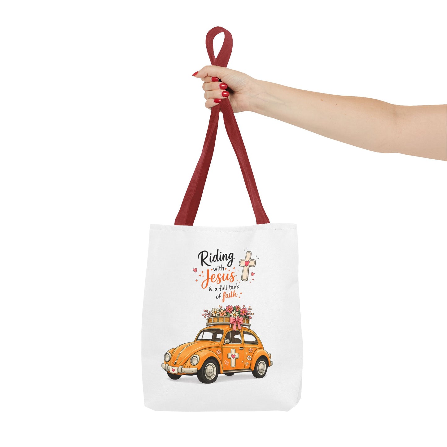 Christian Tote Bag — “Riding with Jesus” Floral Beetle Illustration