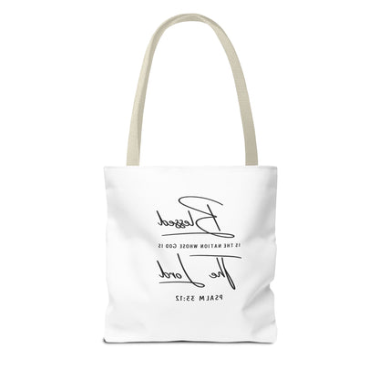 Patriotic Faith Tote Bag — Watercolor Flag with Cross & "Blessed By the Lord" Scripture