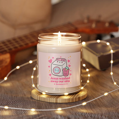 Scented Soy Candle — "Jesus Washed Away Our Sins" Cute Washer Faith Candle (9 oz)