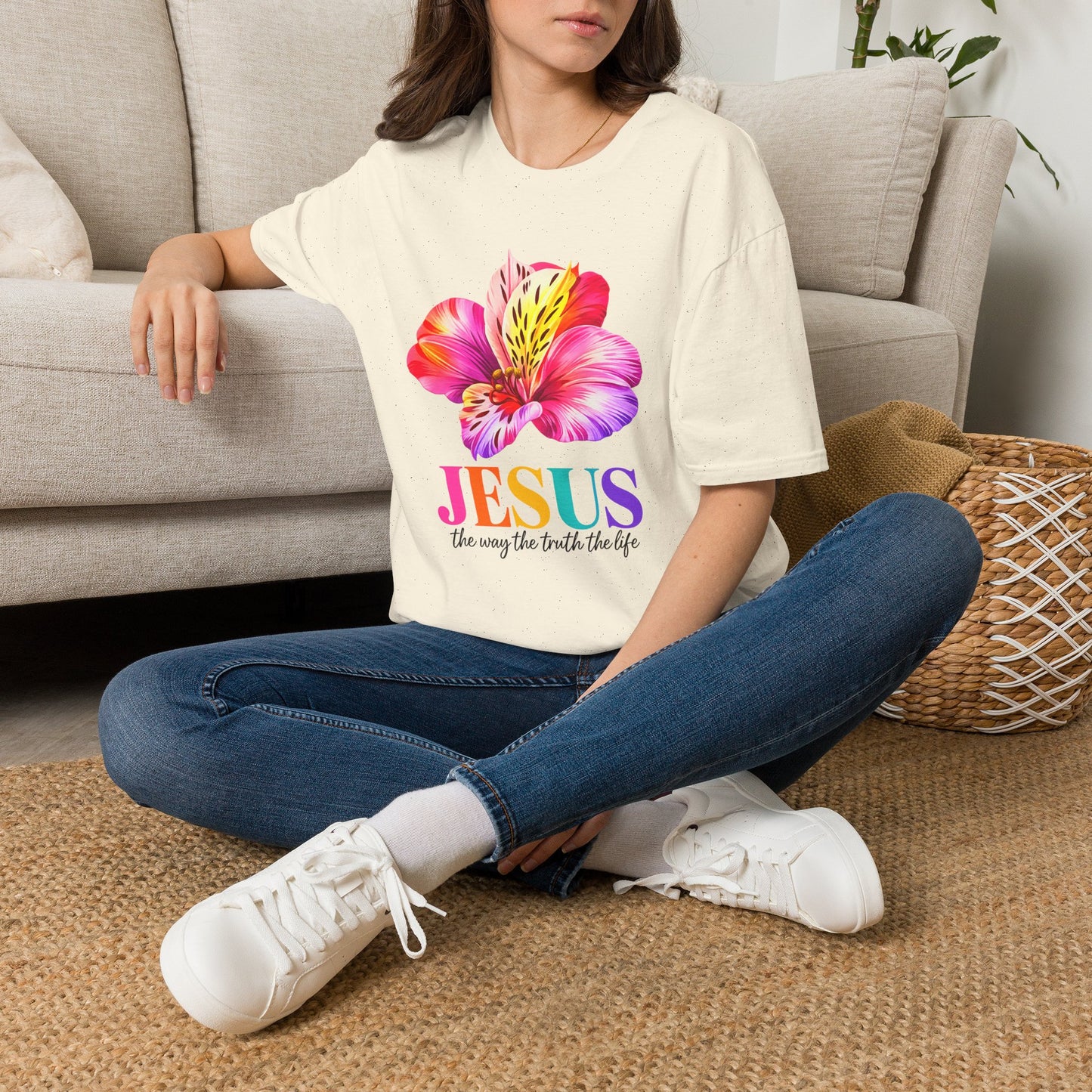 Jesus Floral T-Shirt — Colorful Watercolor Lily Christian Faith Tee