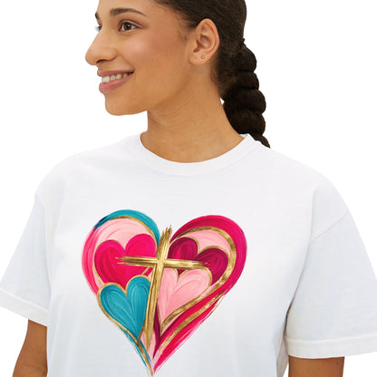 Heart Cross Women's Boxy Tee — Colorful Watercolor Heart Graphic