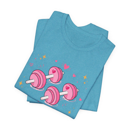 Christian Fitness T-Shirt — “The Joy of the Lord is My Strength” Pink Dumbbells Tee
