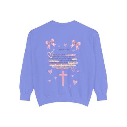 Christian Cross Sweatshirt — Pink Faith Message Garment-Dyed Crewneck
