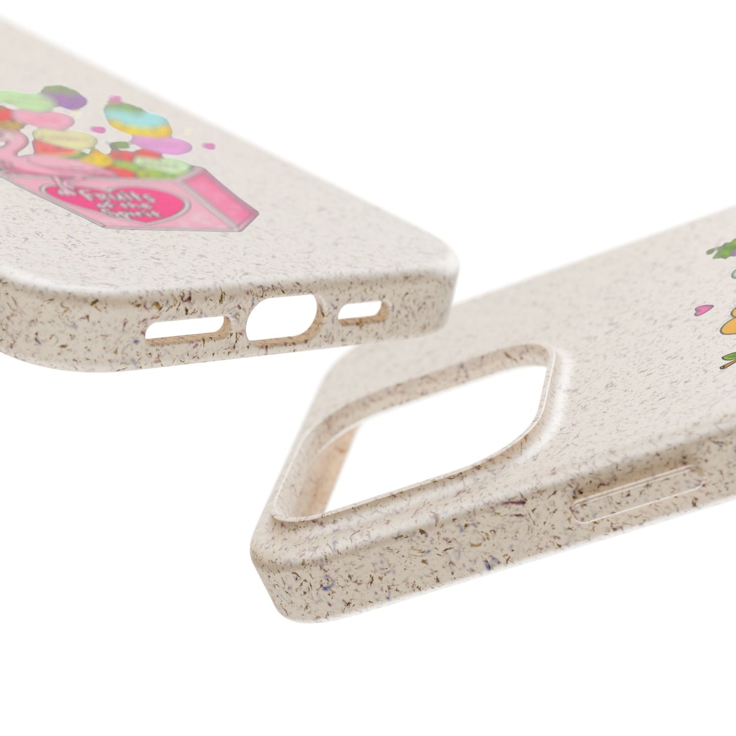 Biodegradable Phone Case — Cute Flamingo & Fruit Hearts "Fruity Love" Eco-Friendly iPhone Cover