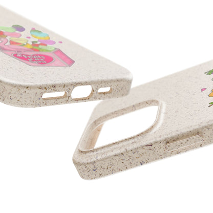 Biodegradable Phone Case — Cute Flamingo & Fruit Hearts "Fruity Love" Eco-Friendly iPhone Cover