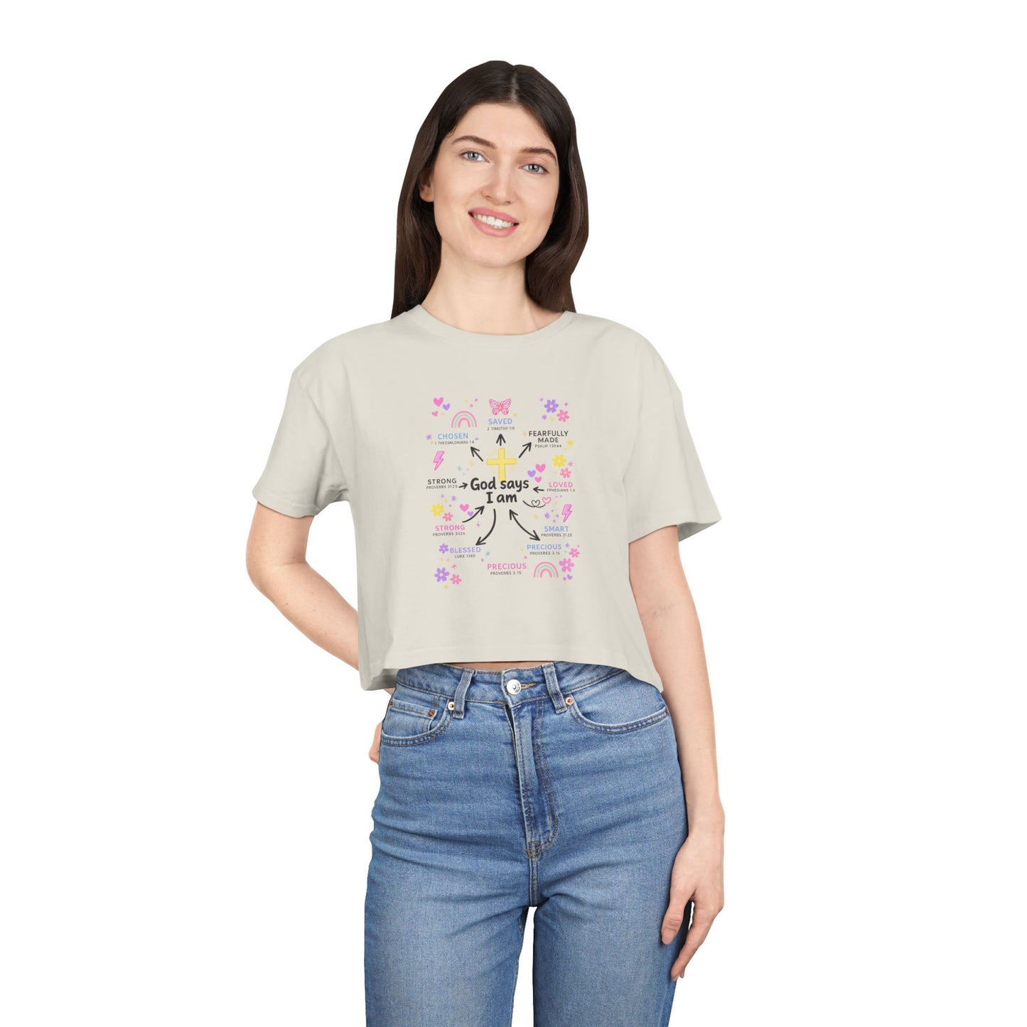 God Says I Am Floral Crop Tee — Christian Inspirational Women's Top