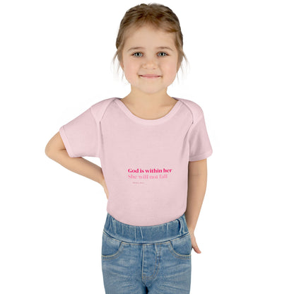 Infant Bodysuit – "God Is Within Her She Will Not Fall" Pink Cross Christian Baby Onesie