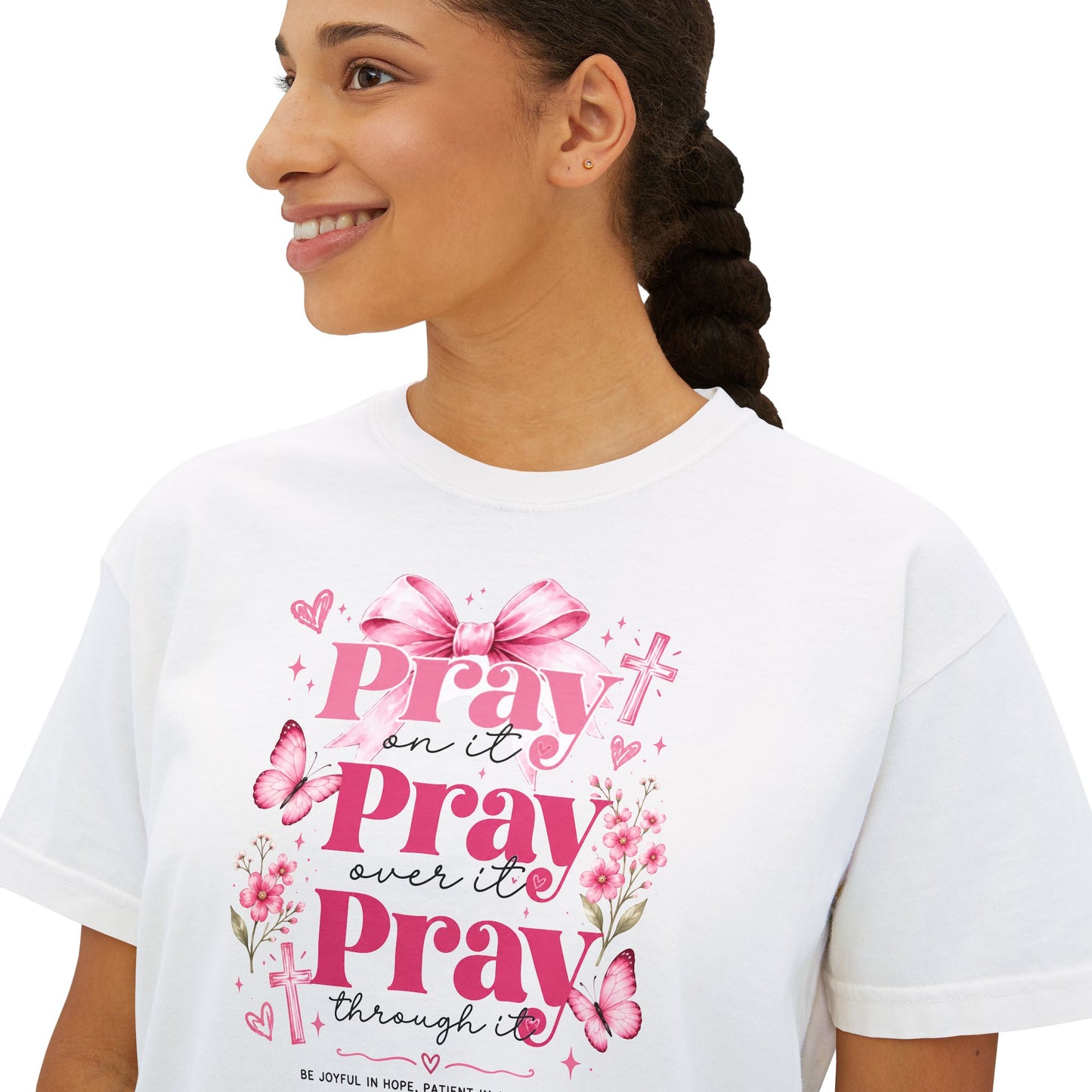 Pray Pray Pray Women's Boxy Tee — Pink Faith Floral Graphic