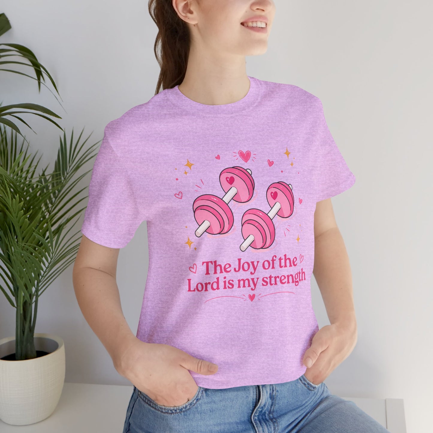 Christian Fitness T-Shirt — “The Joy of the Lord is My Strength” Pink Dumbbells Tee