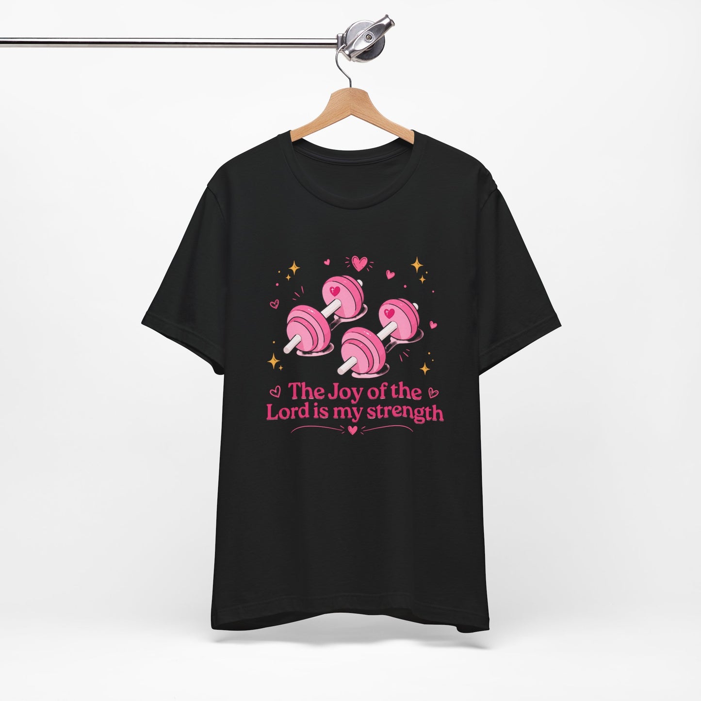 Christian Fitness T-Shirt — “The Joy of the Lord is My Strength” Pink Dumbbells Tee
