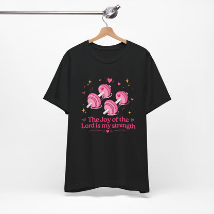 Christian Fitness T-Shirt — “The Joy of the Lord is My Strength” Pink Dumbbells Tee