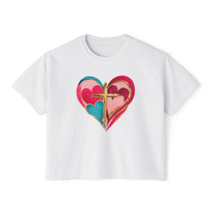Heart Cross Women's Boxy Tee — Colorful Watercolor Heart Graphic