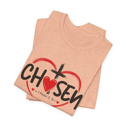 Chosen Heart Christian T-Shirt — "Chosen" with Cross & 1 Peter 2:9 Faith Tee