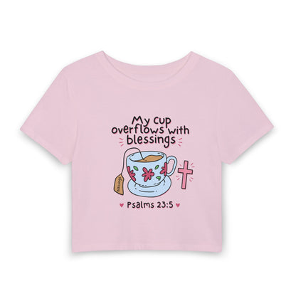 Women’s Baby Tee — “My Cup Overflows With Blessings” Psalms 23:5 Christian Graphic Tee