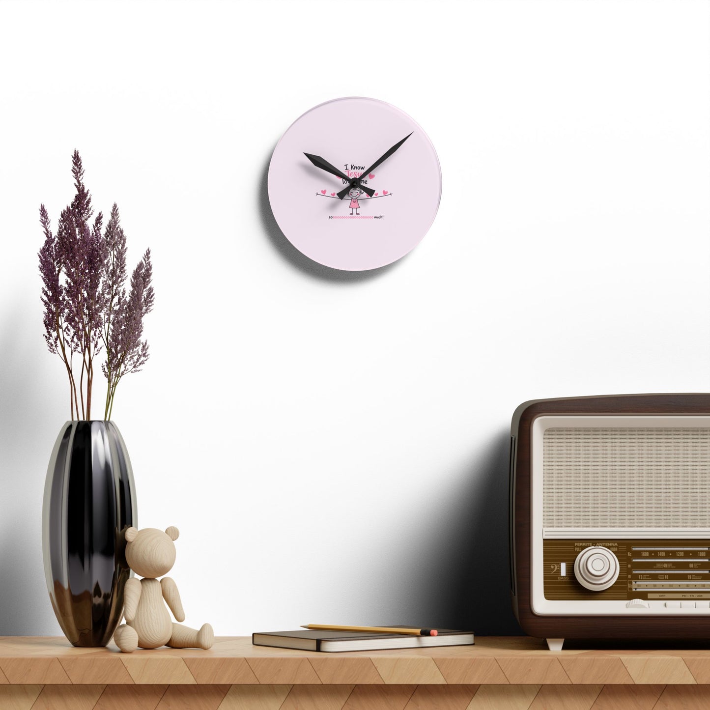 Acrylic Wall Clock - Cute Pink 'I Know Jesus Loves Me' Kids Nursery Clock