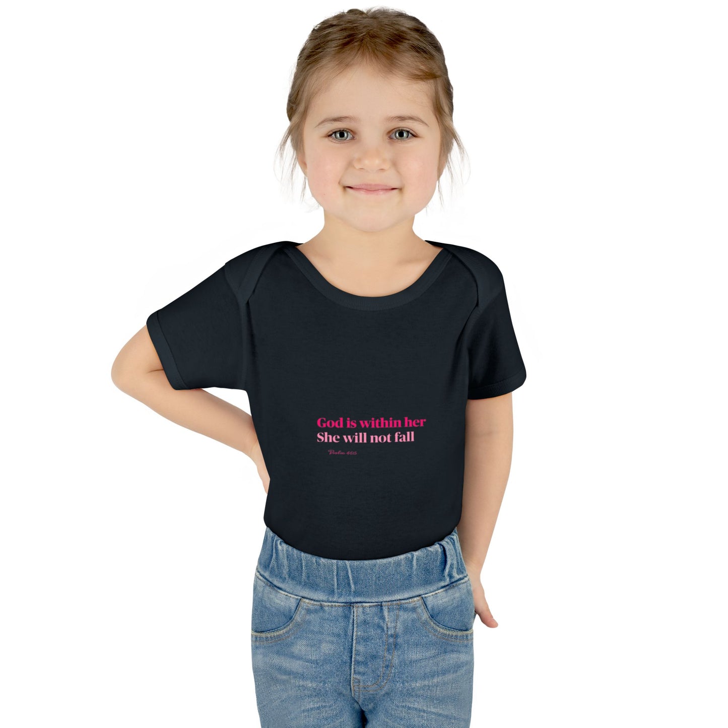 Infant Bodysuit – "God Is Within Her She Will Not Fall" Pink Cross Christian Baby Onesie