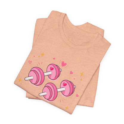 Christian Fitness T-Shirt — “The Joy of the Lord is My Strength” Pink Dumbbells Tee