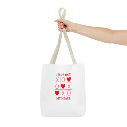 Tote Bag — "Jesus Won My Heart" Christian Scripture Heart Tic‑Tac‑Toe Design