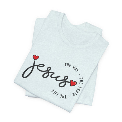 Jesus Script Tee - "Jesus" with Hearts | Faith Christian Shirt