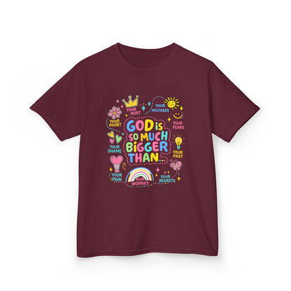 UNISEX Kids Tee — "God Is So Much Bigger Than" Colorful Faith Graphic