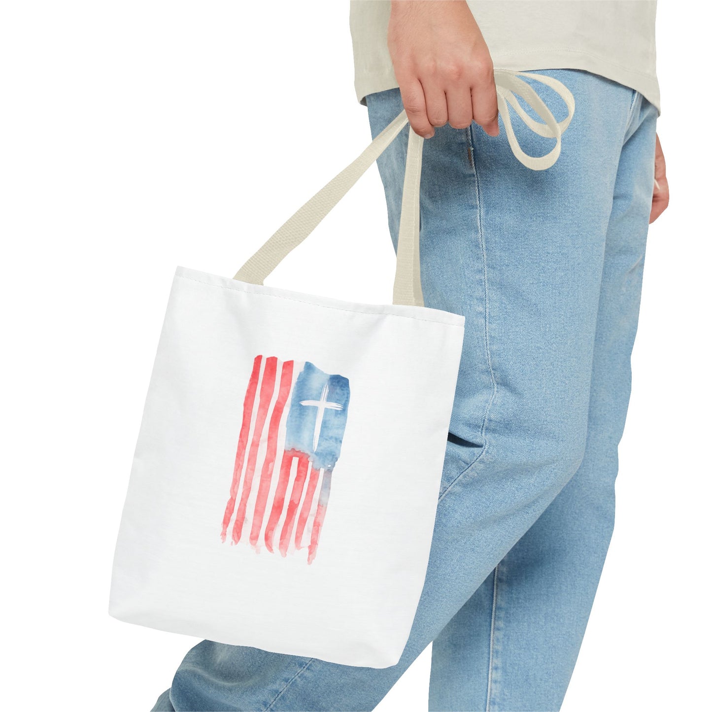 Patriotic Faith Tote Bag — Watercolor Flag with Cross & "Blessed By the Lord" Scripture