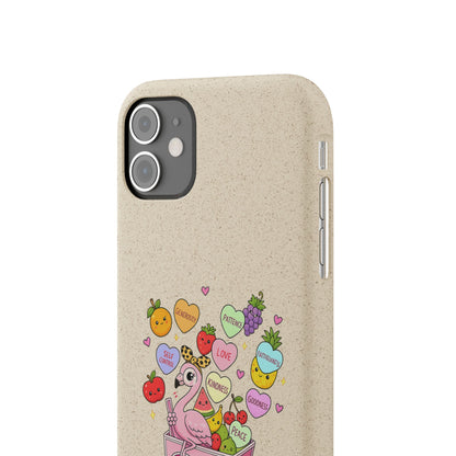 Biodegradable Phone Case — Cute Flamingo & Fruit Hearts "Fruity Love" Eco-Friendly iPhone Cover