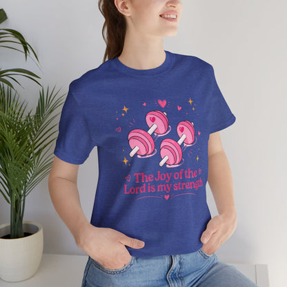 Christian Fitness T-Shirt — “The Joy of the Lord is My Strength” Pink Dumbbells Tee