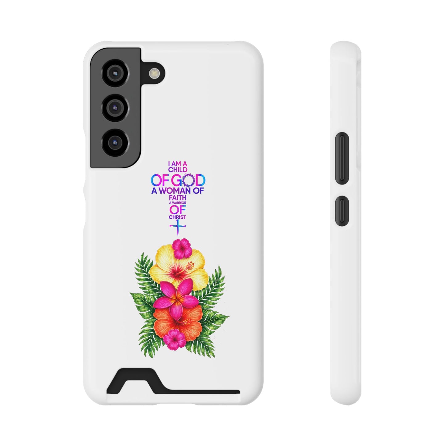 Phone Case with Card Holder — Floral Cross Design: "I Am a Child of God, A Woman of Faith"