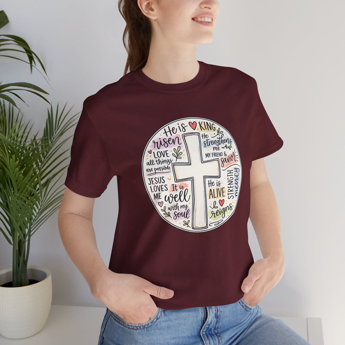 Christian Cross Faith T-Shirt — He Is Risen Inspirational Graphic Tee