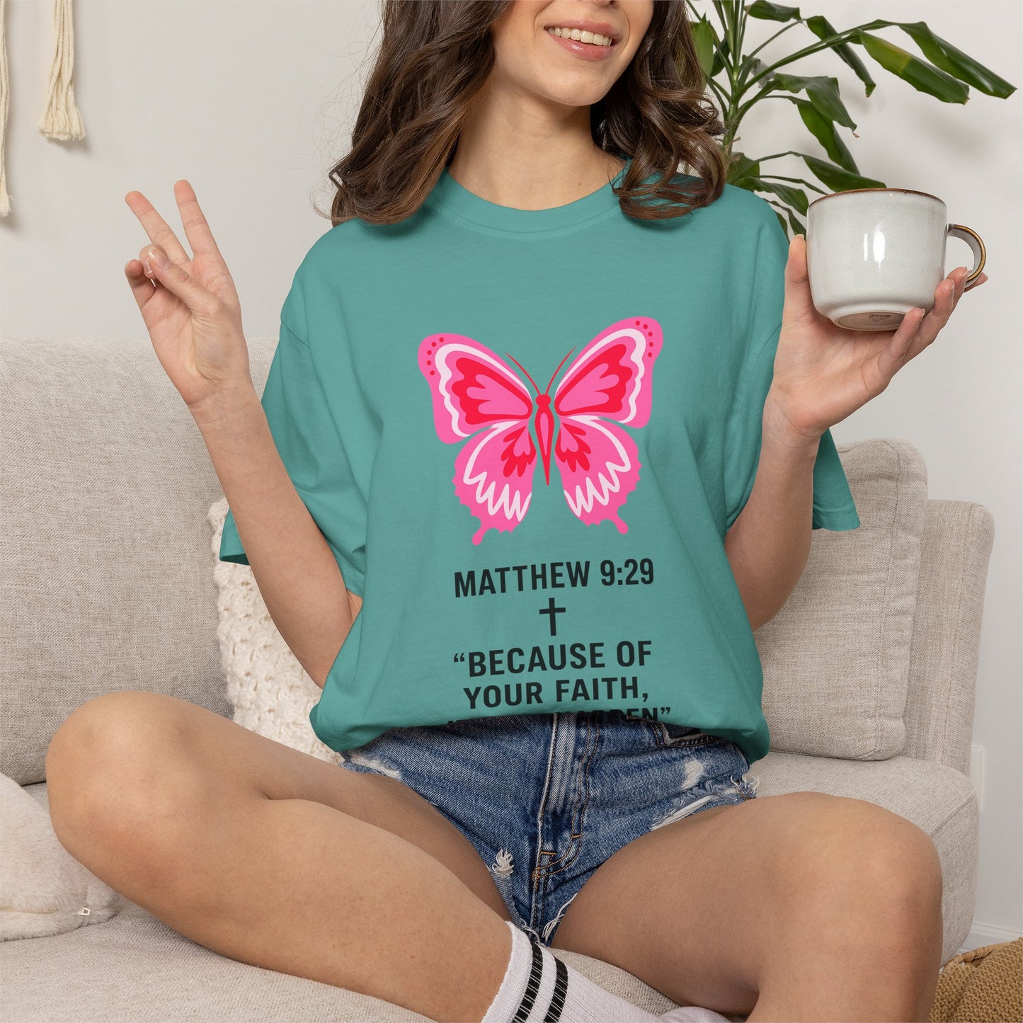 Faith Butterfly T-Shirt — Matthew 9:29 "Because of Your Faith, It Will Happen"