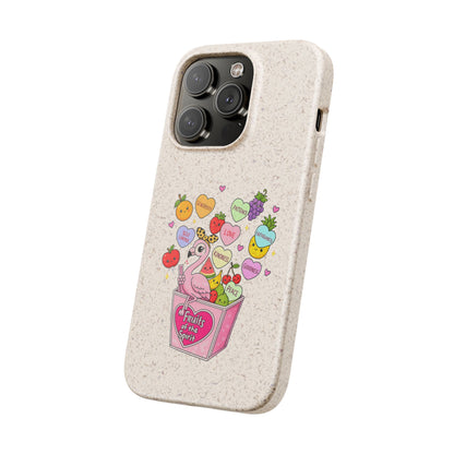 Biodegradable Phone Case — Cute Flamingo & Fruit Hearts "Fruity Love" Eco-Friendly iPhone Cover