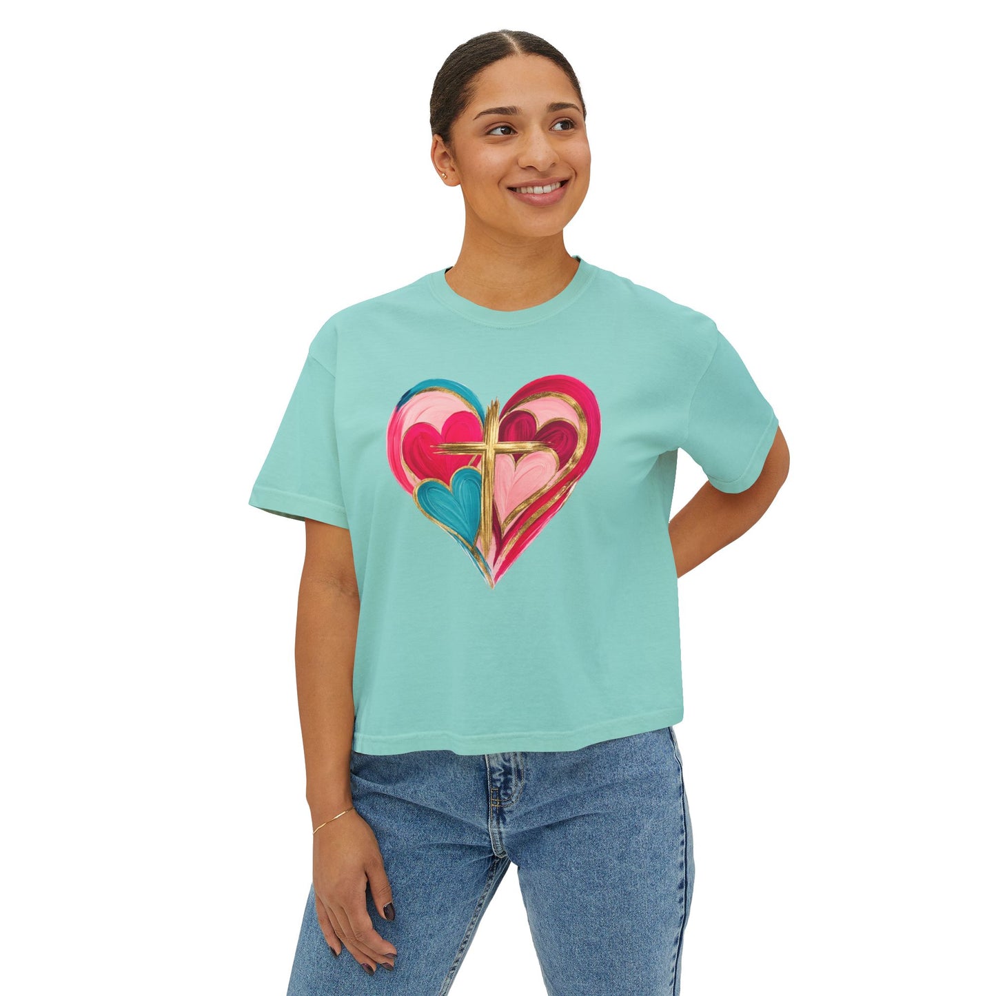 Heart Cross Women's Boxy Tee — Colorful Watercolor Heart Graphic