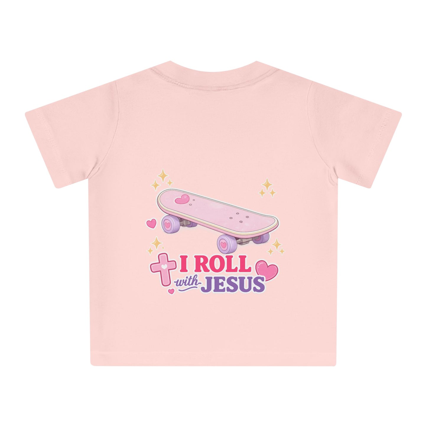 Baby T-Shirt — Pink Floral Christian Baby Tee “I Roll with Jesus” Inspirational Infant Shirt
