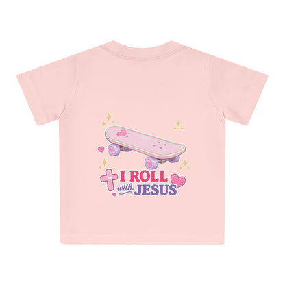 Baby T-Shirt — Pink Floral Christian Baby Tee “I Roll with Jesus” Inspirational Infant Shirt