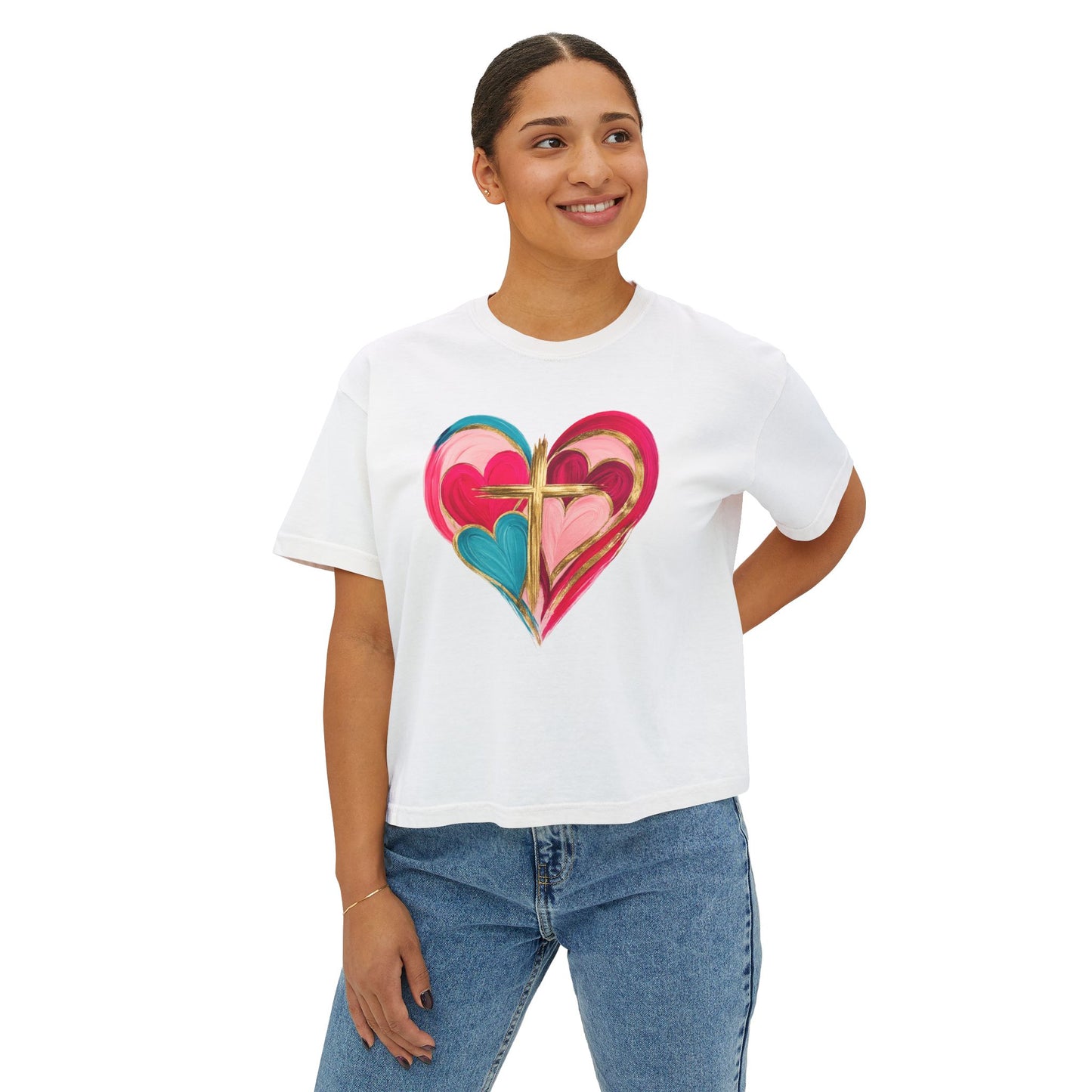 Heart Cross Women's Boxy Tee — Colorful Watercolor Heart Graphic
