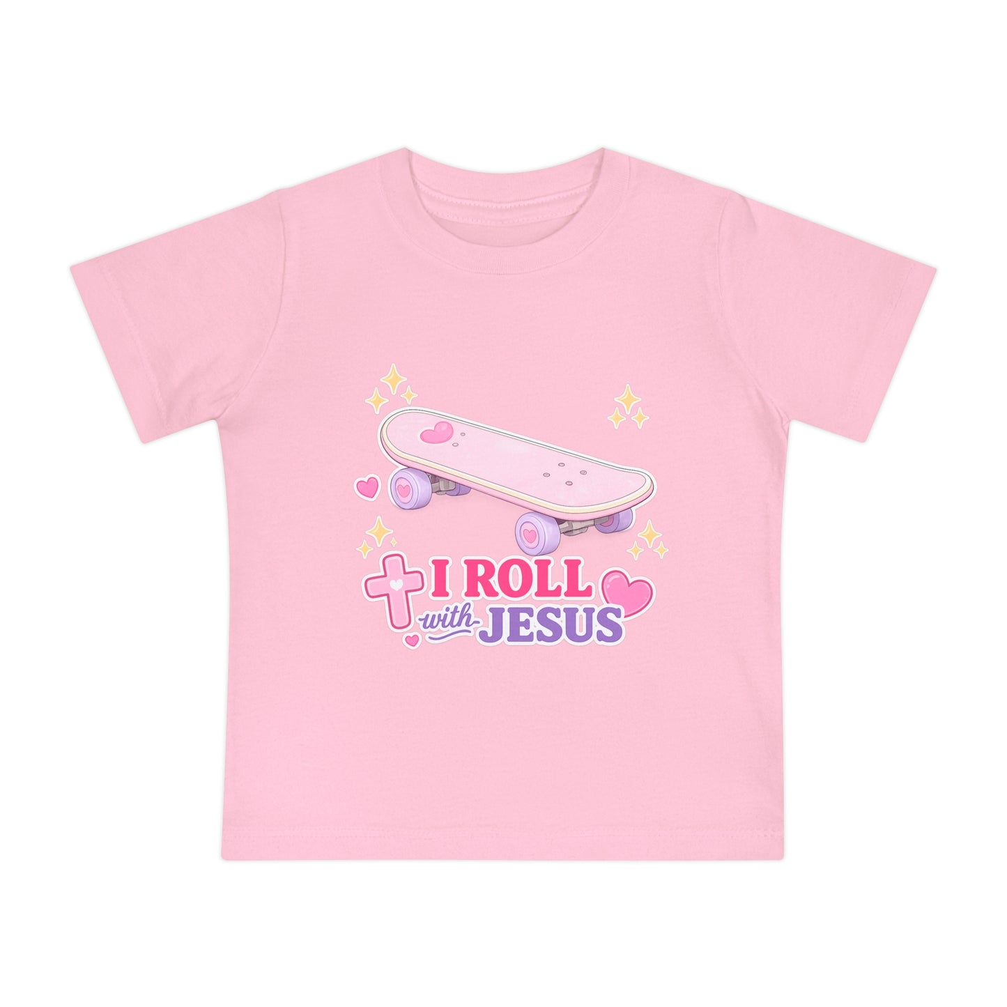 Baby T-Shirt - "I Roll with Jesus" Pink Skateboard Christian Infant Tee