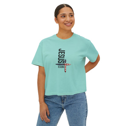 Jesus Is King American Flag Cross Women's Boxy Tee