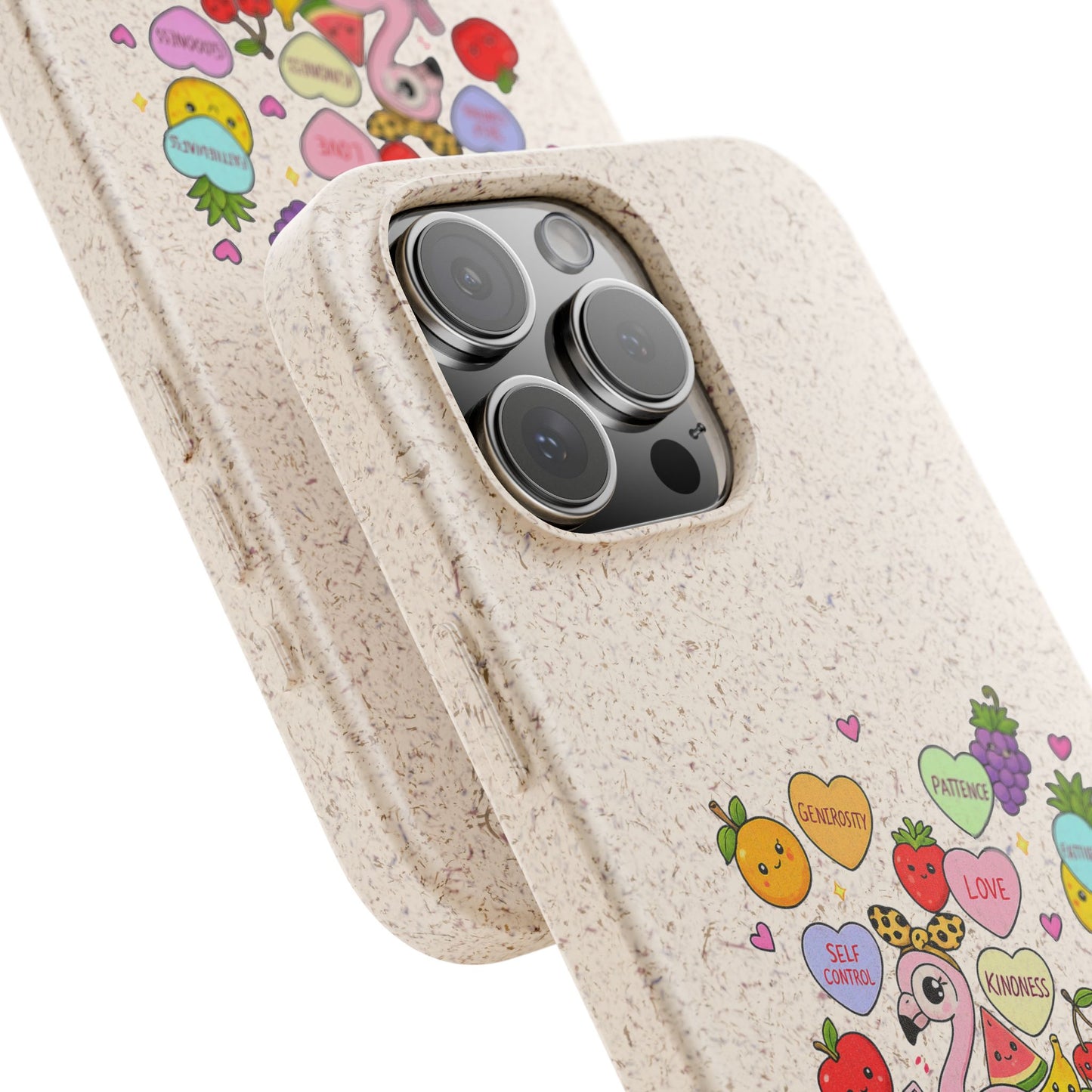 Biodegradable Phone Case — Cute Flamingo & Fruit Hearts "Fruity Love" Eco-Friendly iPhone Cover