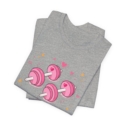 Christian Fitness T-Shirt — “The Joy of the Lord is My Strength” Pink Dumbbells Tee