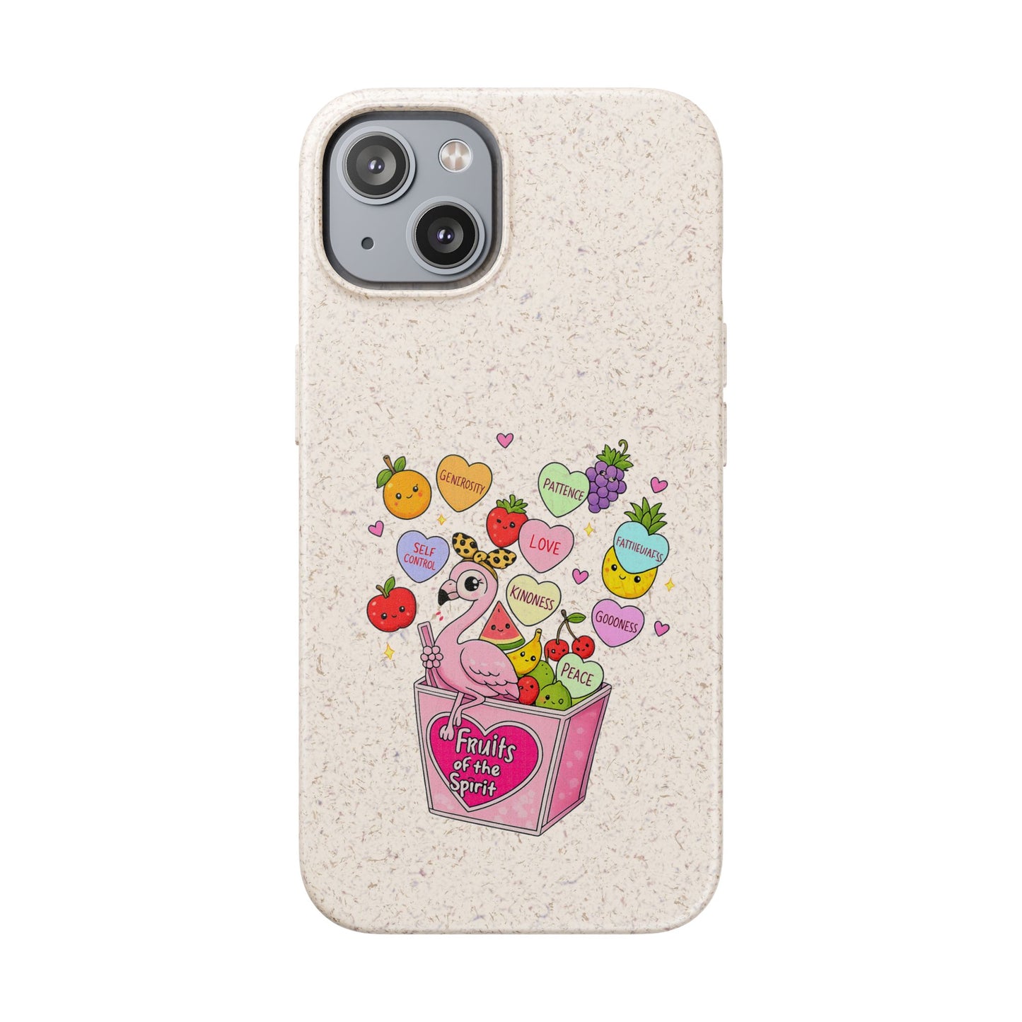 Biodegradable Phone Case — Cute Flamingo & Fruit Hearts "Fruity Love" Eco-Friendly iPhone Cover