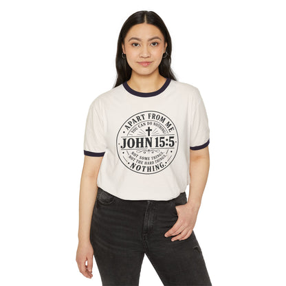 John 15:5 Faith Ringer T‑Shirt — Christian Scripture Tee