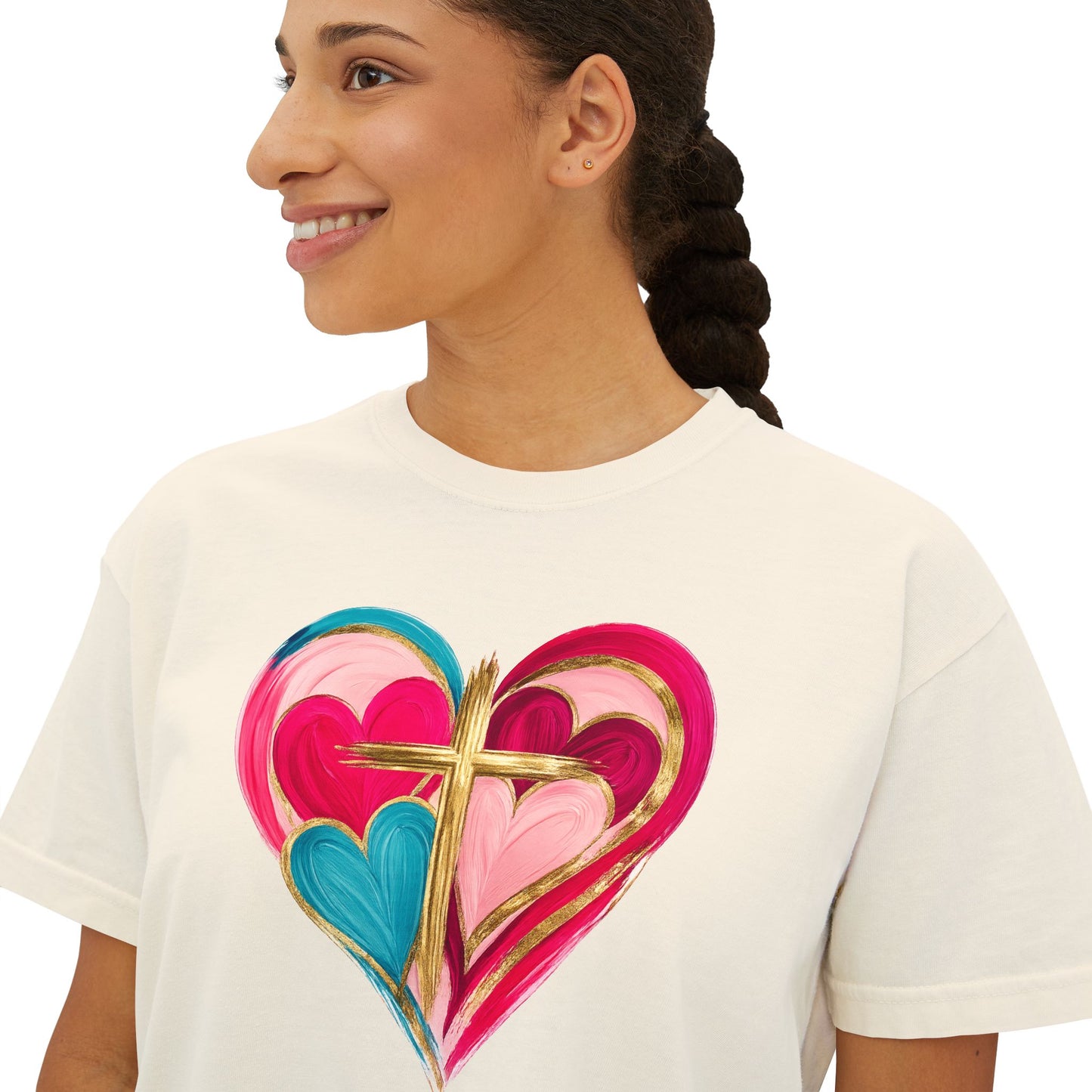 Heart Cross Women's Boxy Tee — Colorful Watercolor Heart Graphic