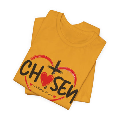 Chosen Heart Christian T-Shirt — "Chosen" with Cross & 1 Peter 2:9 Faith Tee
