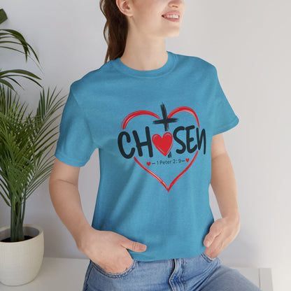 Chosen Heart Christian T-Shirt — "Chosen" with Cross & 1 Peter 2:9 Faith Tee