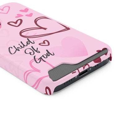 Pink "Child of God" Phone Card Case — Heart Pattern Religious Phone Case with Card Holder
