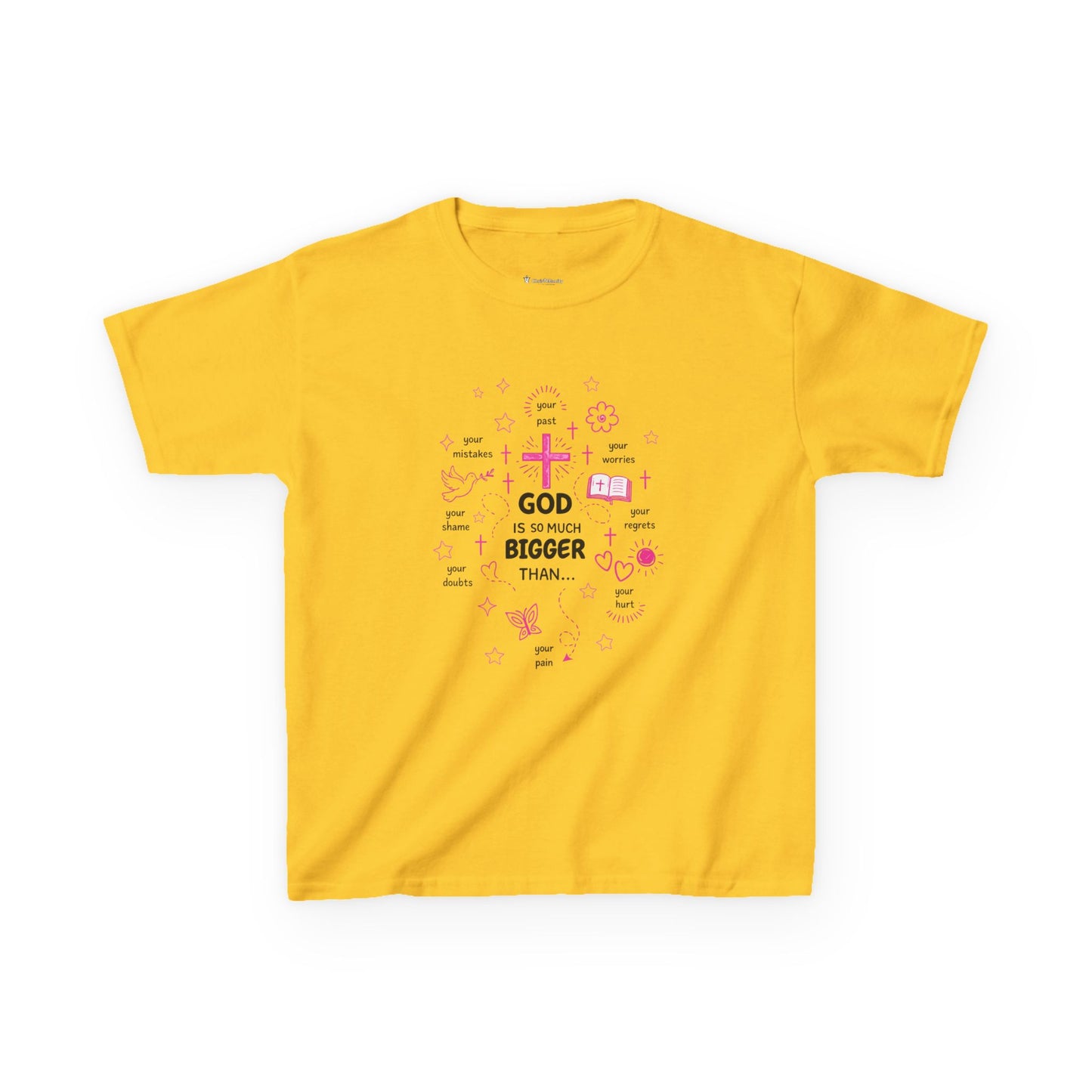 Kids T-Shirt — "God Is Bigger Than" Pink Faith Graphic Tee
