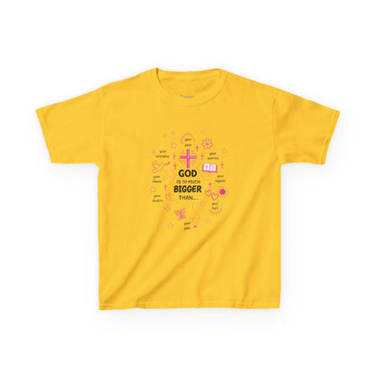 Kids T-Shirt — "God Is Bigger Than" Pink Faith Graphic Tee