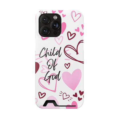 Phone Case — "Child of God" Card Holder Case, Pink Hearts Christian Phone Cover