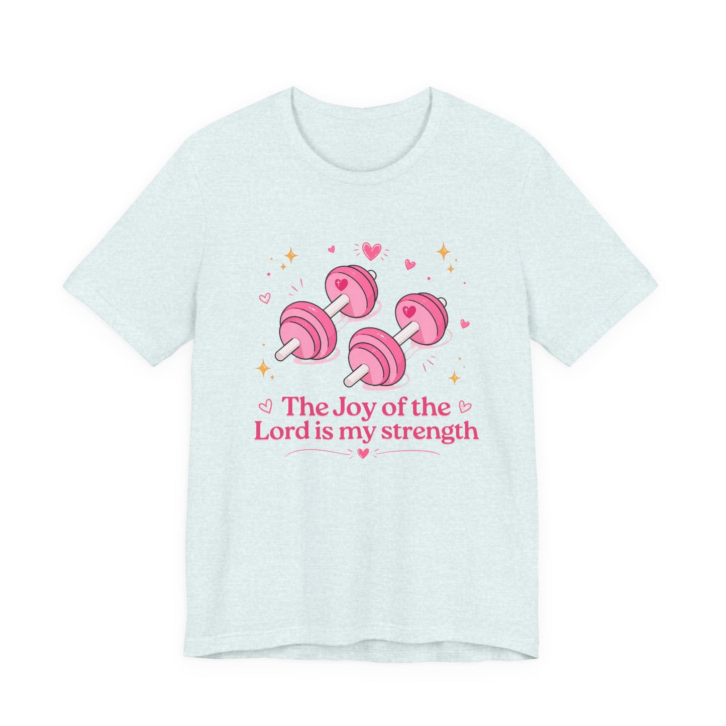 Christian Fitness T-Shirt — “The Joy of the Lord is My Strength” Pink Dumbbells Tee